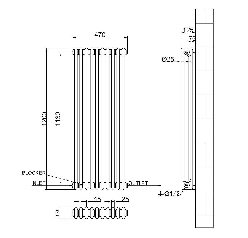 Миниатюра: radiatoru tehniskais rasējums, radiatora tips 3 kolonnas ar zimēru 1200 x 470mm