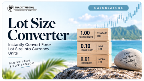 Trade Tribe HQ lot size converter poster with stacked wooden blocks for standard, mini and micro lots on a tropical beach.