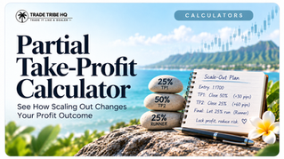 Trade Tribe HQ promo for Partial Take-Profit Calculator; stacked 25%/50% stones, scale-out notebook, beach and mountain backdrop.