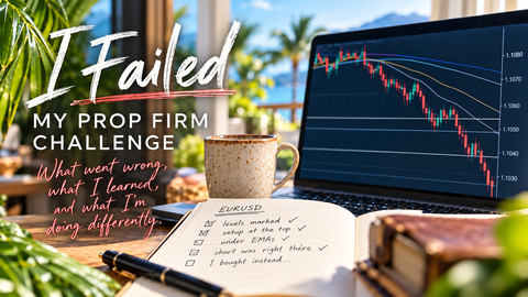 Bright daytime trading workspace with a laptop showing a falling EURUSD chart beneath the EMAs, an open trading journal with notes and checkmarks, and bold text reading “I Failed My Prop Firm Challenge,” with a tropical ocean view in the background.