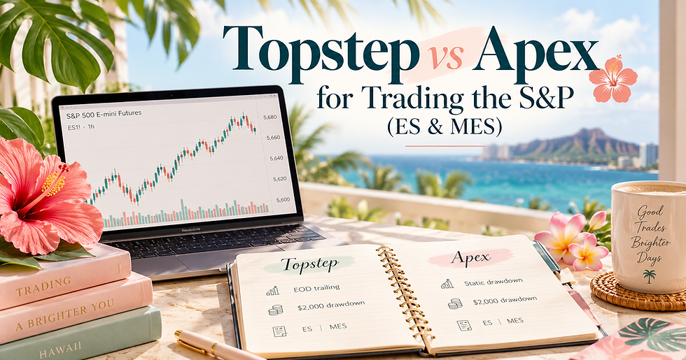 Tropical trading desk with laptop candlestick chart, notebook comparing Topstep vs Apex, and a mug by a beach view
