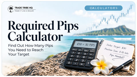 Trade Tribe HQ promo for Required Pips Calculator, with calculator, notebook, pen, plumeria, and ocean backdrop.