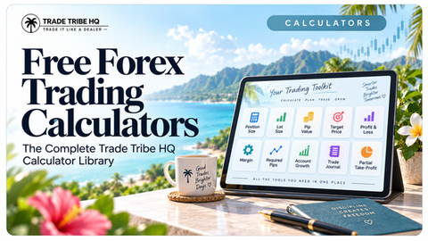 Trade Tribe HQ promo with tablet showing forex calculators on tropical beach, text: Free Forex Trading Calculators.
