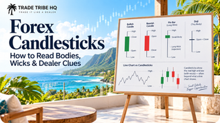 Forex candlestick tutorial poster on a sunny tropical terrace, with an easel chart showing bullish, bearish, pin bar and doji candles.