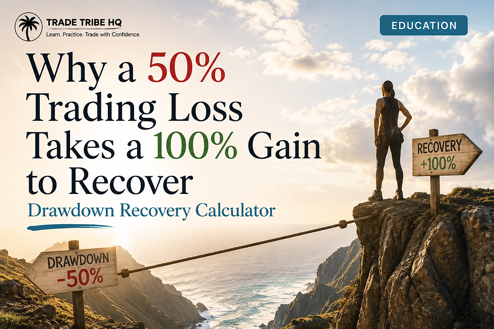 Trade Tribe HQ education graphic shows a woman on a cliff beside signs for drawdown -50% and recovery +100% over the ocean.