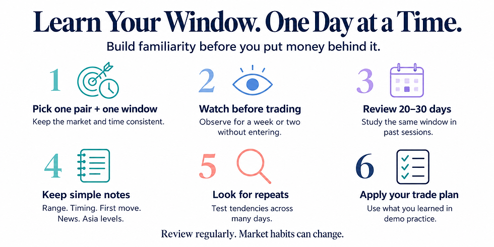 Infographic titled Learn Your Window. One Day at a Time, showing six trading steps with icons on a white background.