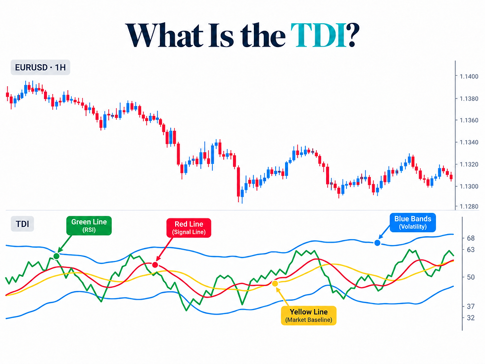 EURUSD 1H candlestick chart with TDI indicator panel, labeled green RSI, red signal, yellow baseline, and blue volatility bands