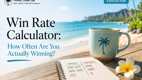 Trade Tribe HQ education graphic on a beach, with mug and notebook tallying wins vs losses for a Win Rate Calculator.