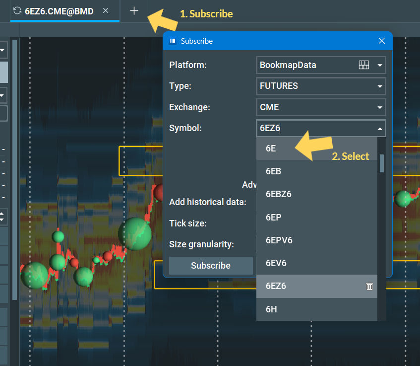 Trading platform screen with Subscribe dialog open for CME futures, symbol 6EZ6 selected in a dropdown over a chart background.