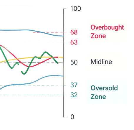 Infographic titled The TDI with four colored lines explaining RSI, signal, baseline, and volatility bands on a chart.