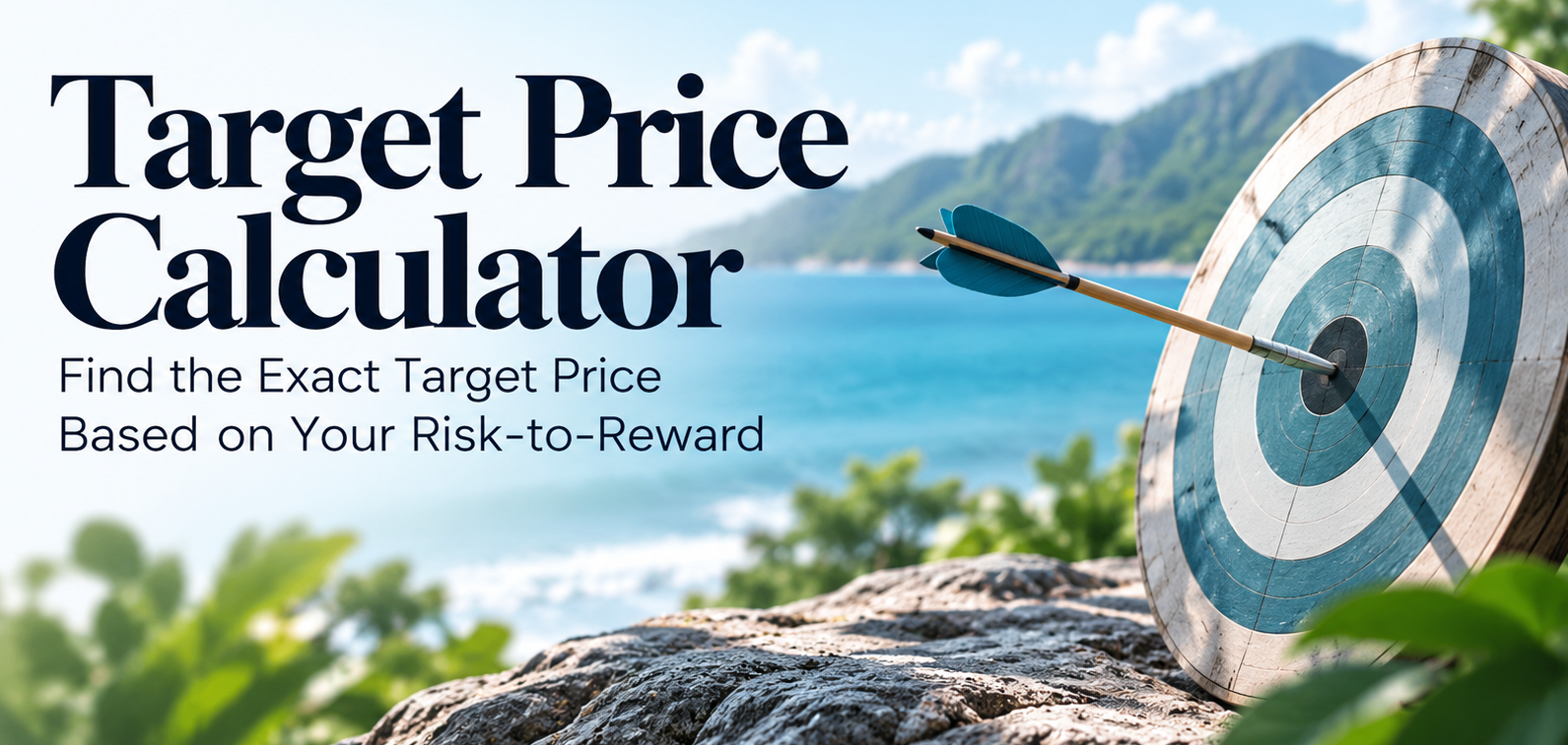 Target Price Calculator banner with arrow hitting bullseye by a tropical sea; Trade Tribe HQ and Calculators text.