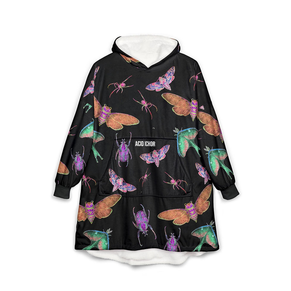 Thumbnail: Neon Moths Pattern Hooded Blanket | Cozy Sherpa Hoodie Blanket