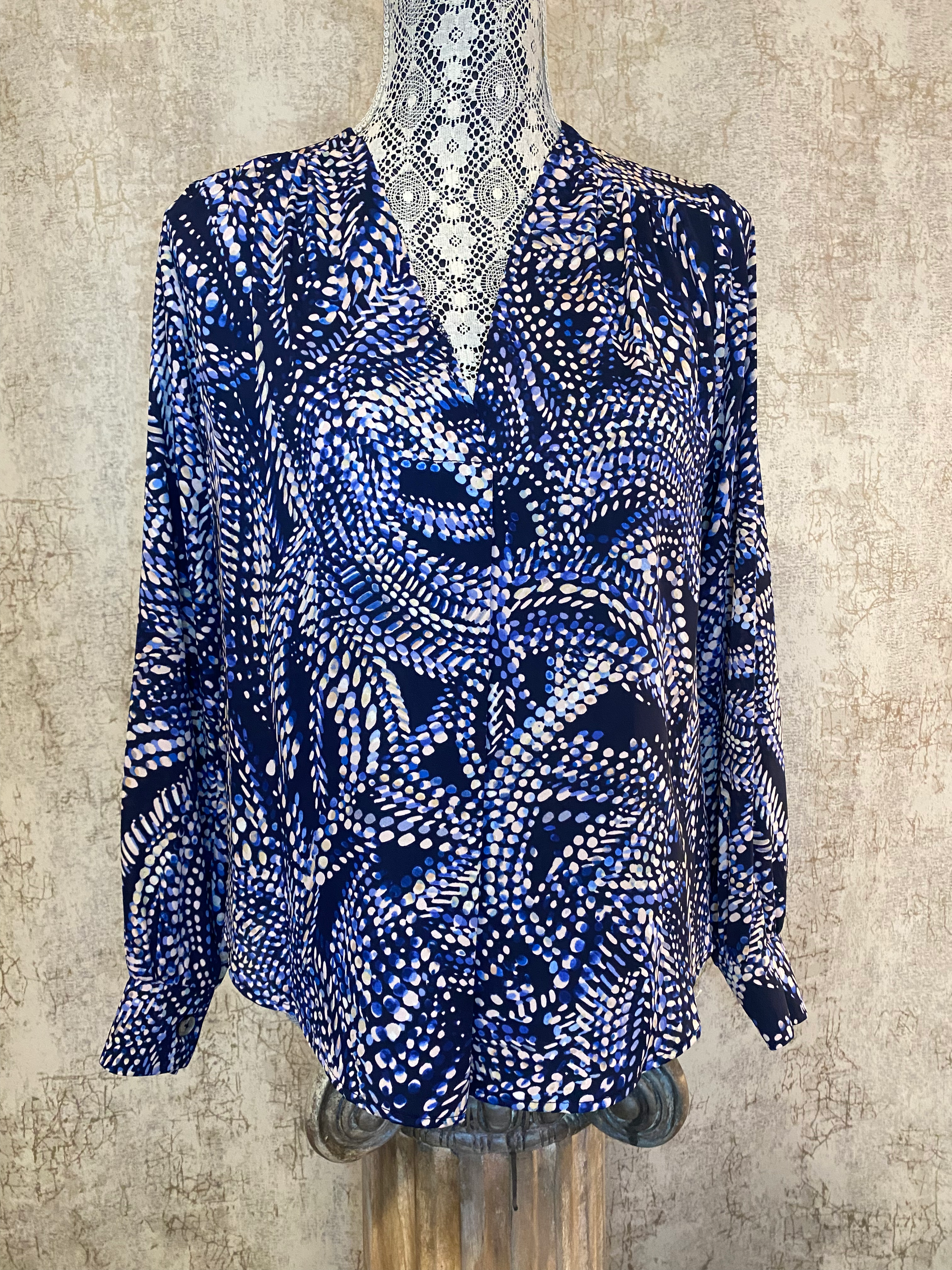 Last Tango V Neck Cuffed Blouse-Navy Print