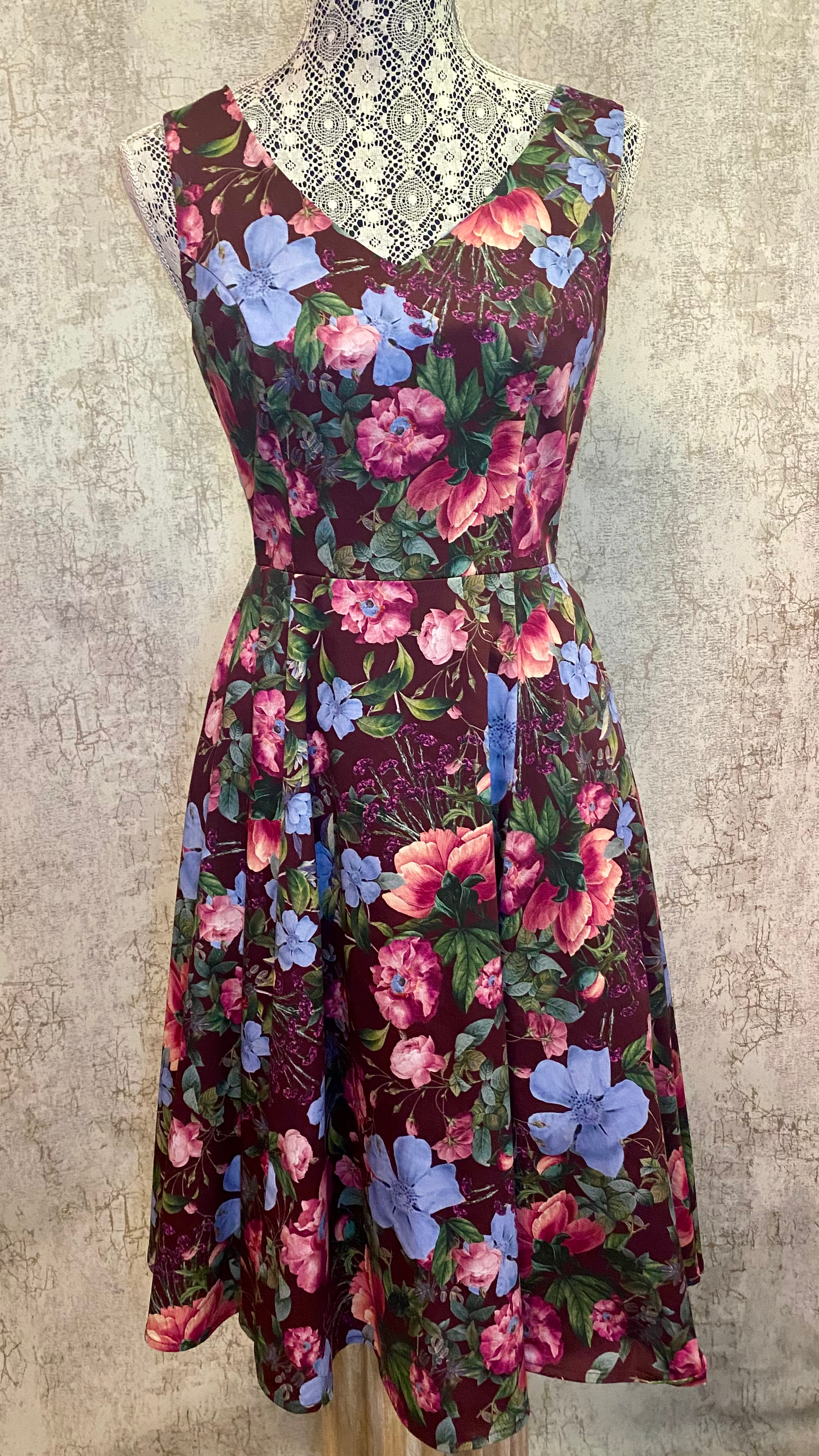 Eva Rose Fit N Flare Dress W/Pockets-Floral Burg. Print