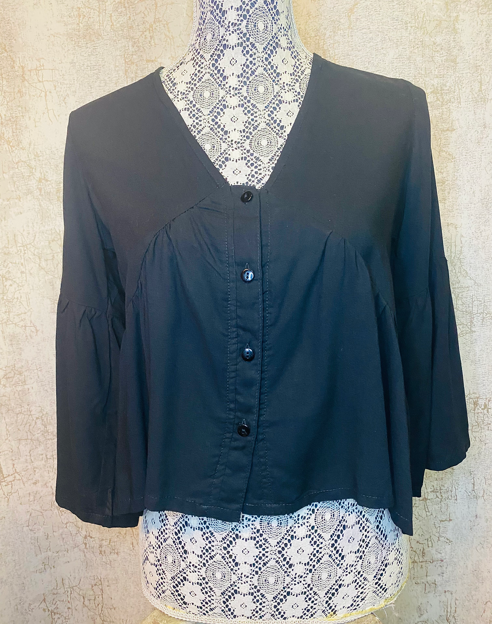 Gaya 3/4 Sleeve Button Down Swing Blouse-Black