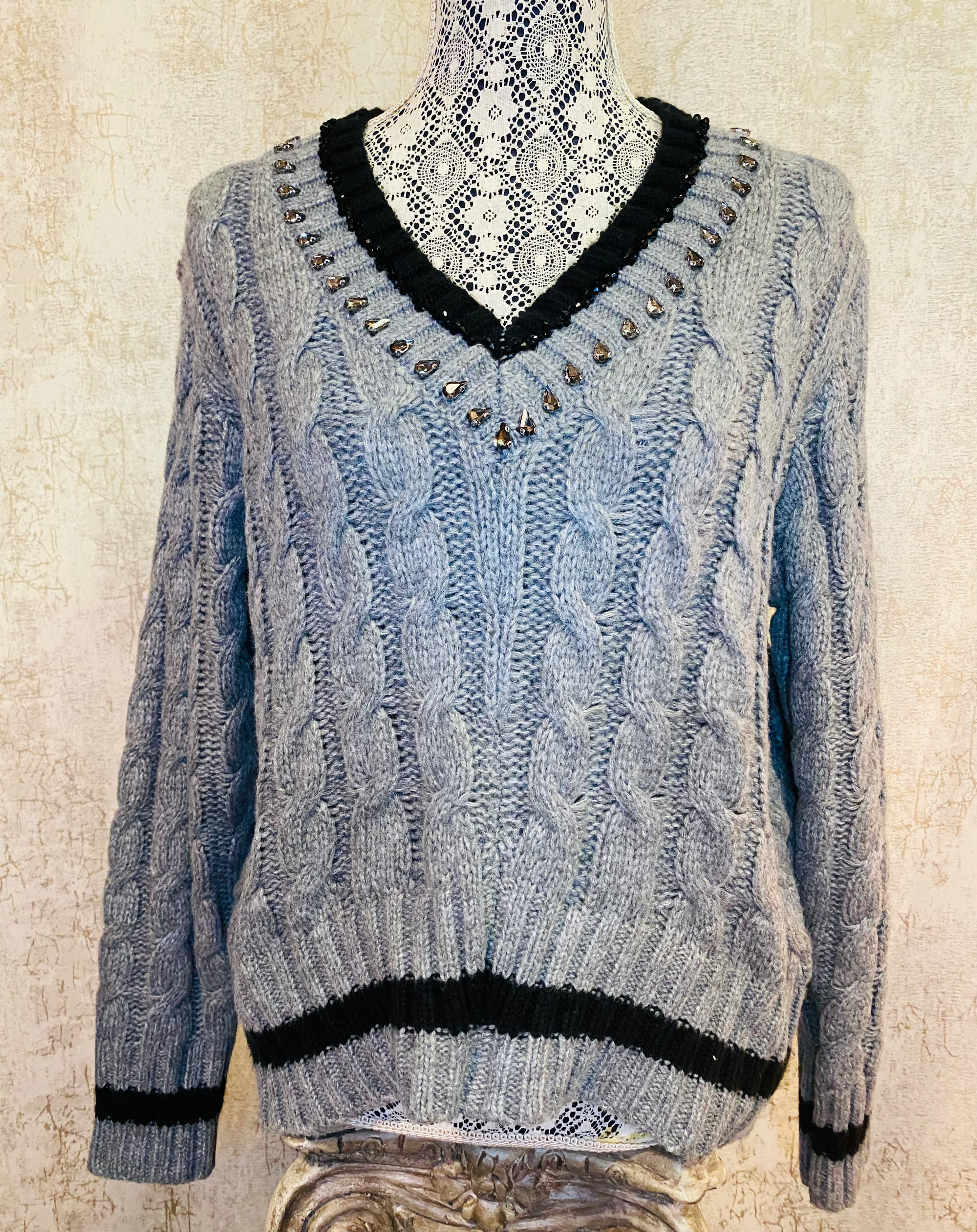 Rain N Rose V-Neck Cropped Sweater With Trim and Bling-Grey/Blk