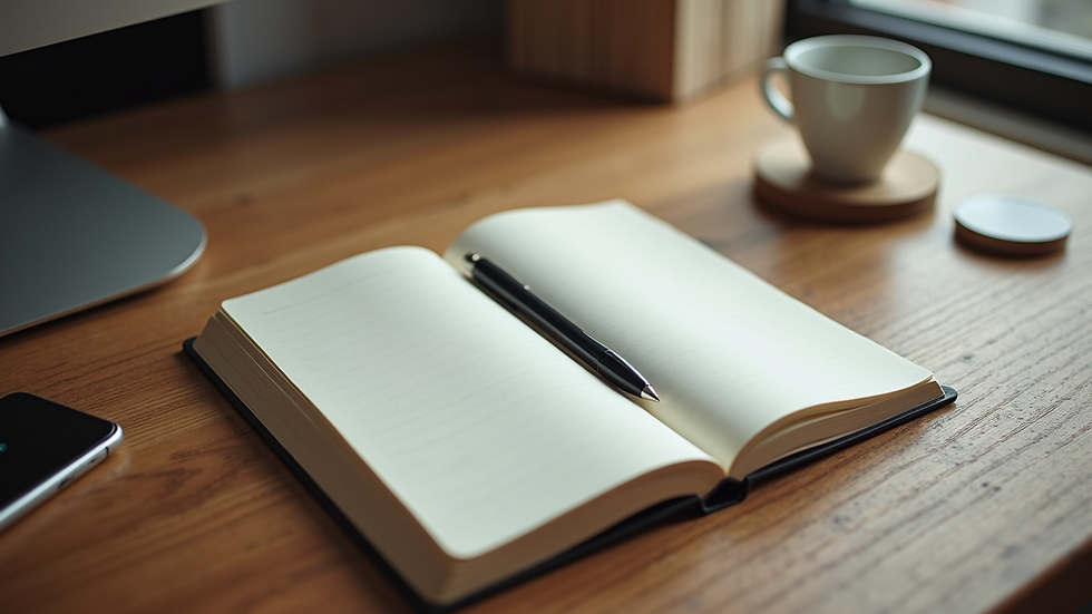 High angle view of an open notebook and pen on a wooden table
