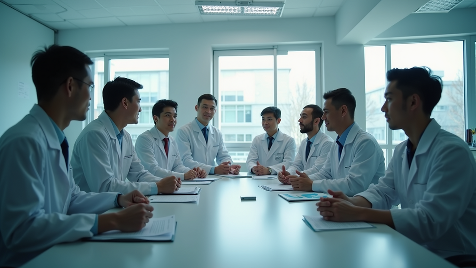 High angle view of a knowledge-sharing workshop in a medical institution