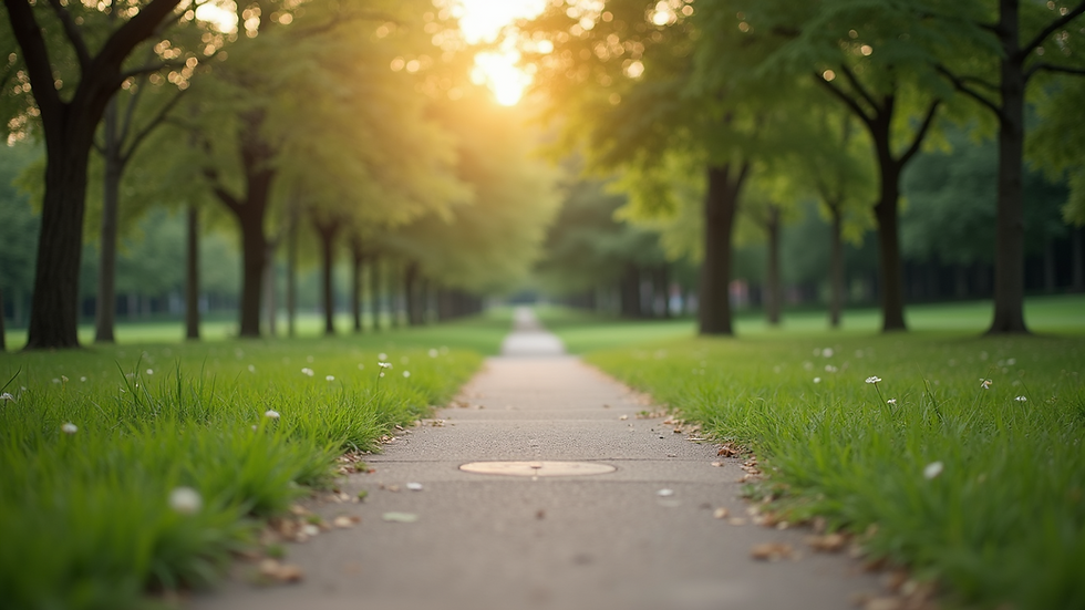 Eye-level view of a peaceful park setting with a tranquil pathway