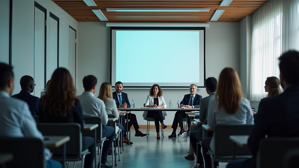High angle view of a panel discussion on medical education