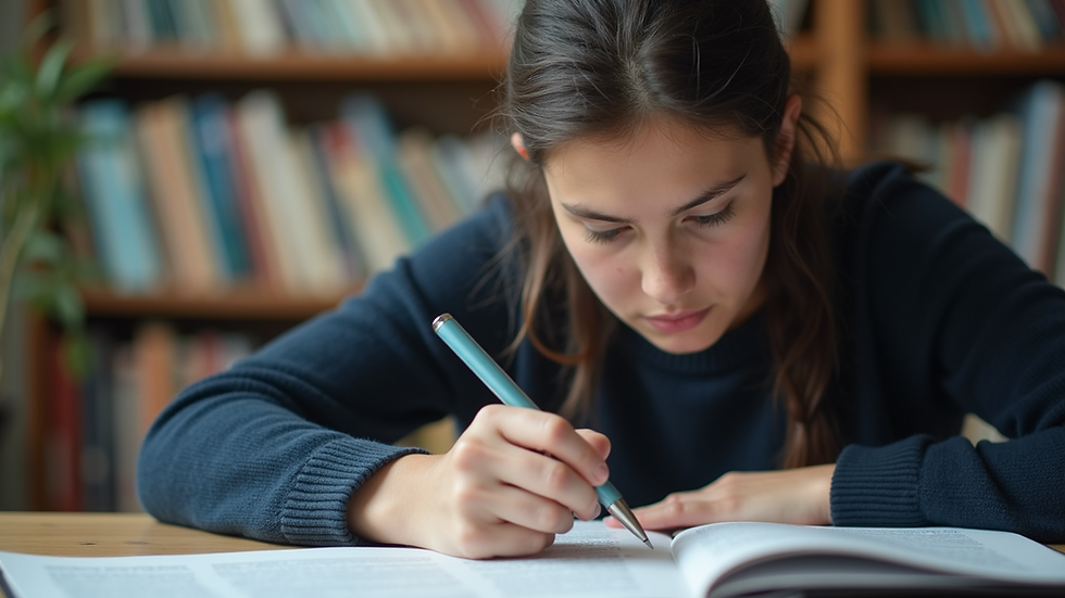Close-up view of a focused student reading a research article