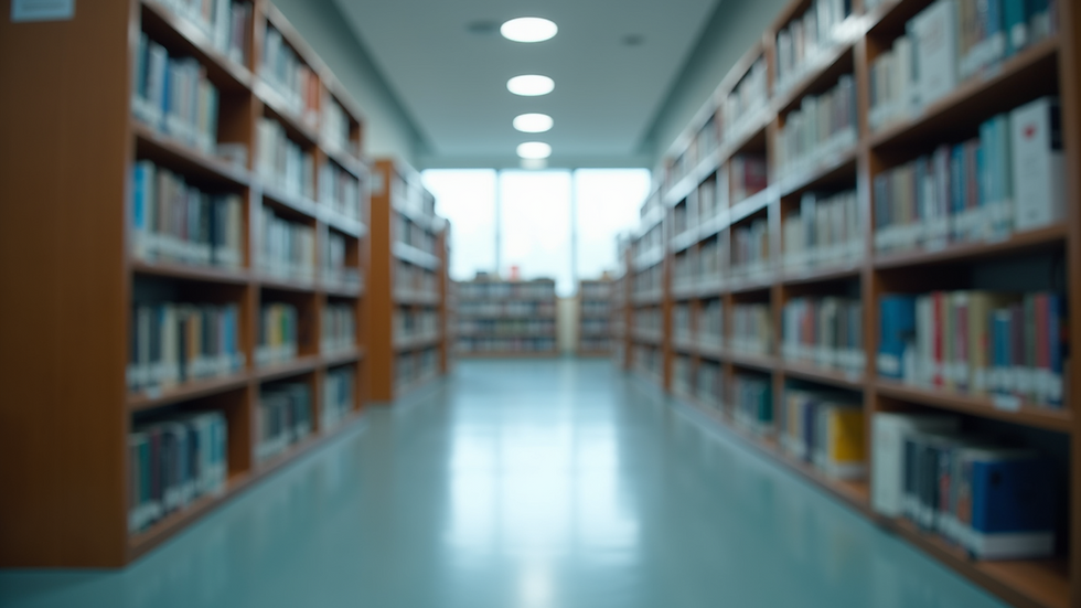 Eye-level view of a modern university library focused on medical education resources
