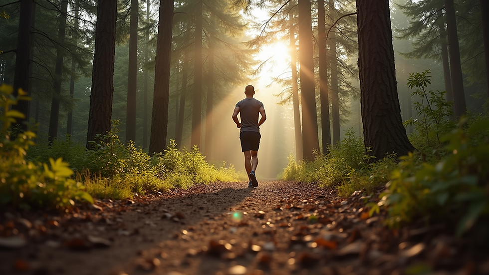 Eye-level view of a man running on a forest trail