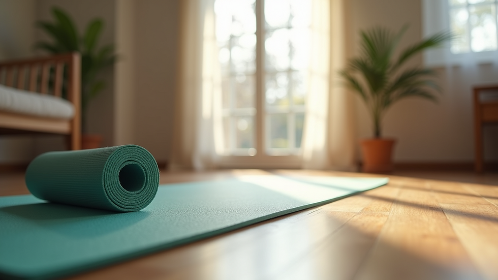 Eye-level view of a peaceful home workout space with a yoga mat