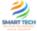 Smart Tech colorful swirl logo with text "Helping Businesses Scale Smarter." Vibrant blue, orange, green patterns on a black background.