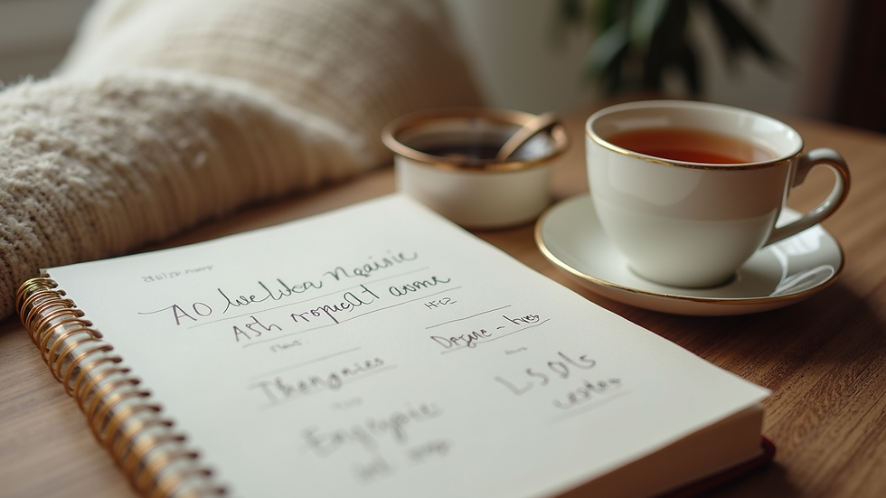 Eye-level view of a cozy home workspace with a wellness journal and a cup of tea