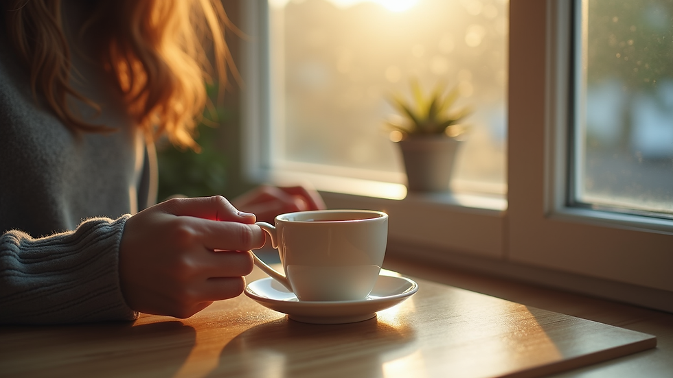 Close-up view of a person holding a cup of tea near a window with natural light
