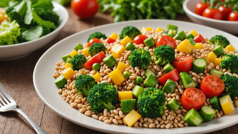 Close-up view of a healthy meal consisting of fresh vegetables and grains