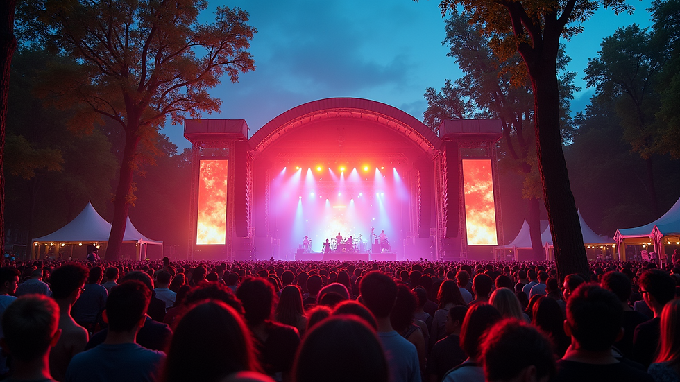 Wide angle view of a colorful festival stage surrounded by trees