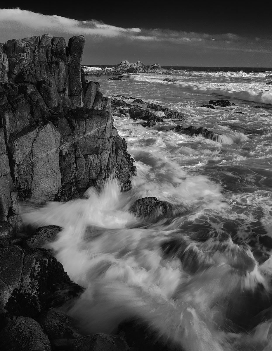 ocean surf and rocks, black and white photography by Frank Bevans, Tracks by the Post 2026 no. 10 black and white, www.egrettracks.com, www.fbphoto.com