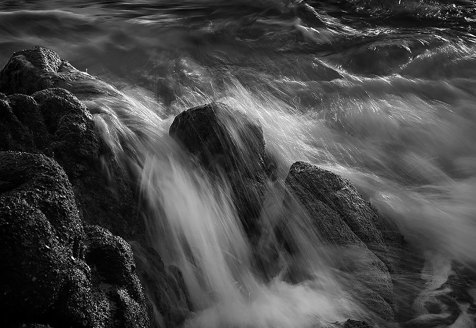 ocean surf waterfall, black and white photography by Frank Bevans, Tracks by the Post 2026 no. 10 black and white, www.egrettracks.com, www.fbphoto.com