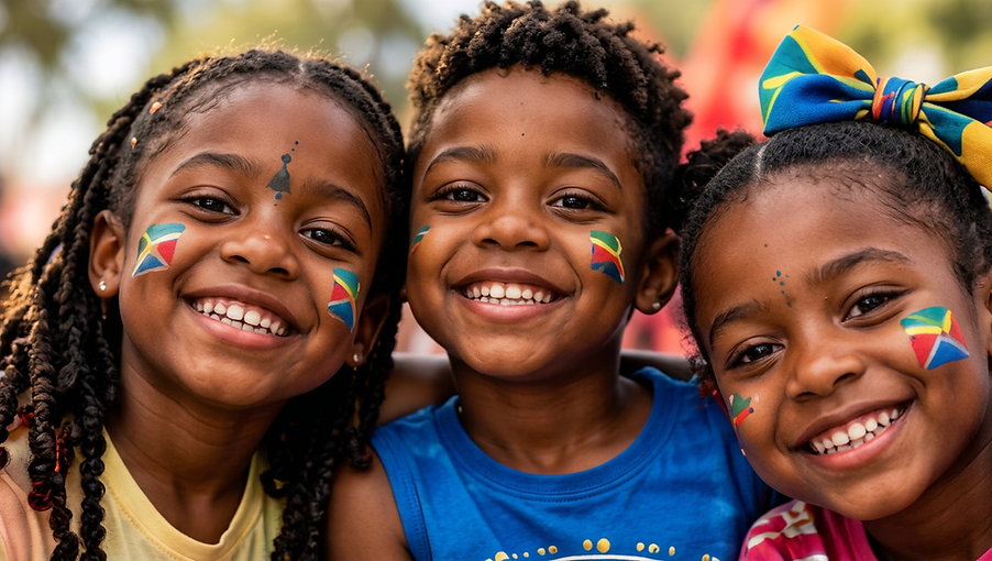 Outdoor photography of three joyful Black children with colorful face paint, smiling warmly.