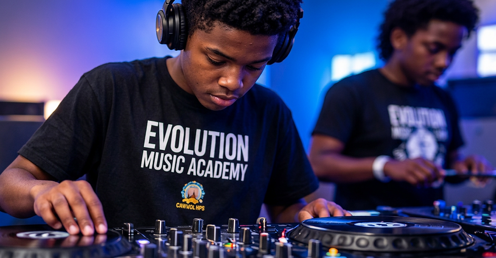 Digital photography of a young DJ wearing headphones and intently focused on mixing music. The DJ wears an "Evolution Music Academy" t-shirt in a dimly lit blue-lit space.