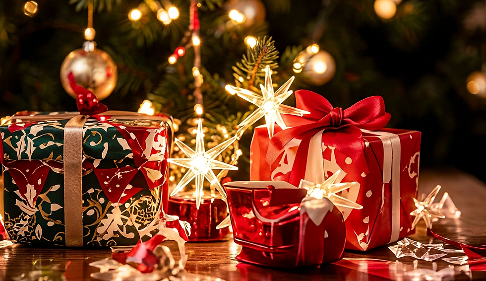 Digital illustration of festive Christmas presents and star lights. The warm, glowing scene evokes holiday cheer.