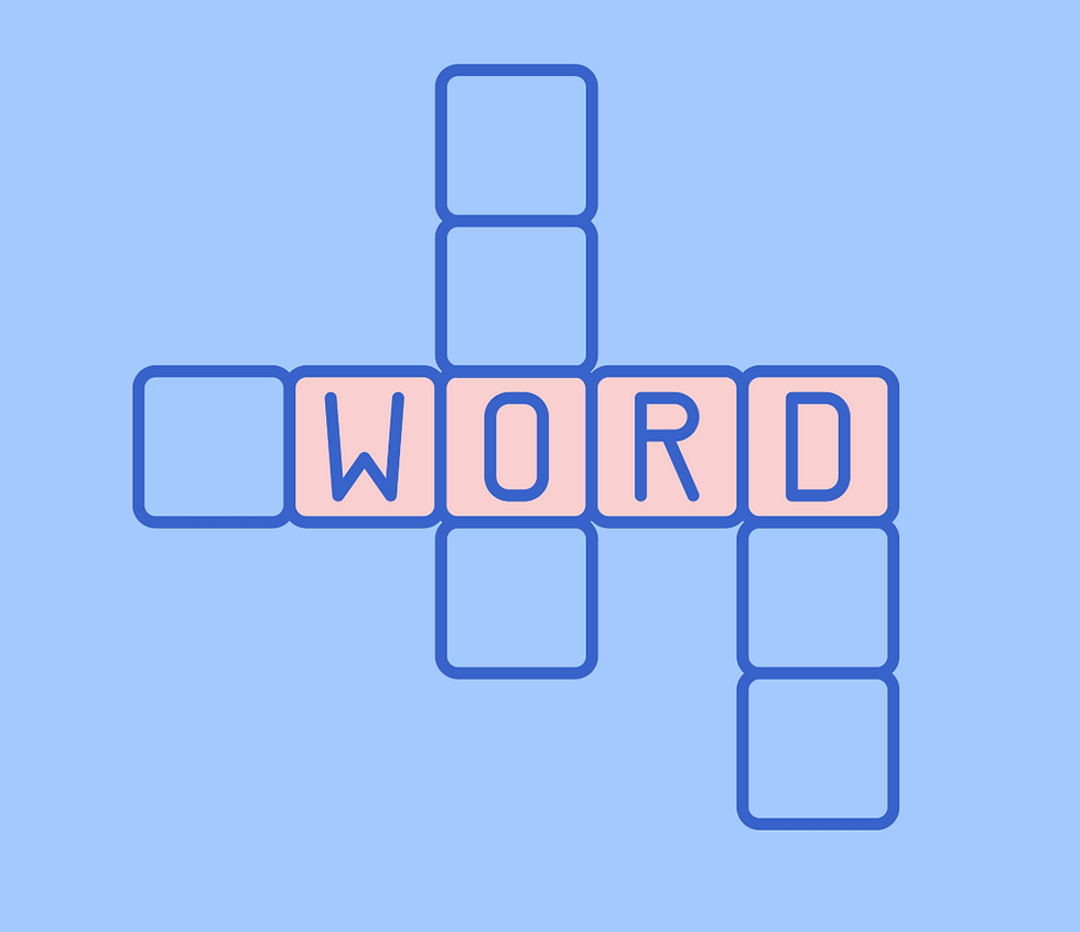 A blue background with a crossword logo, featuring the word 'word' in blue font with a pink background.