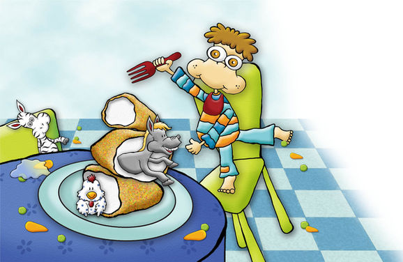 ילד מצחיק עם משקפיים מחזיק מזלג מעל המאכלים שעל השולחן. איורים