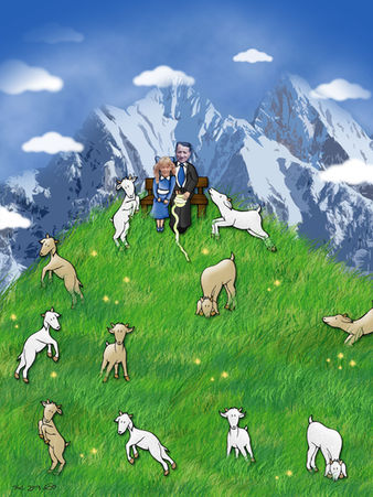 אנשים יושבים על גבעה עם כבשים, נוף הרים כחול, איורים.