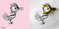ציור של ציפור מצחיקה, צבע ורוד ולבן ברקע לבן, איורים מחפצים, creative