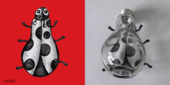Ladybug illustration and glass ladybug jar, side by side, on red and white backgrounds.