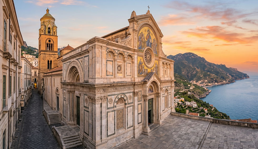 Historic cathedral with intricate facade and bell tower at sunset, overlooking a coastal town and mountains by the sea in warm light.