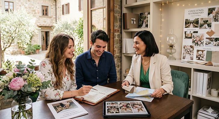 Wedding planner in consulenza creativa con gli sposi per organizzare il matrimonio sulla Costiera Amalfitana