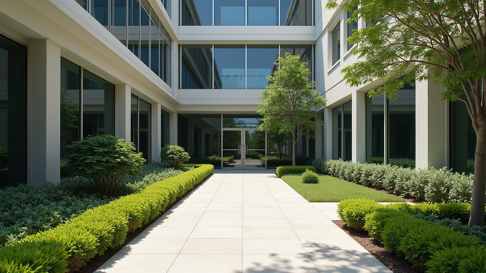 High angle view of a commercial building exterior with clean windows and trimmed landscaping