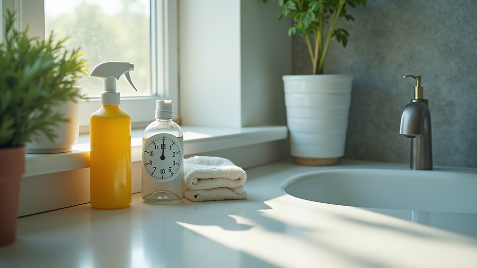 High angle view of a timer and cleaning supplies on a countertop