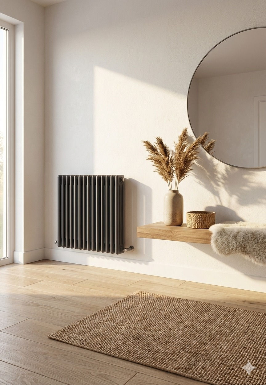 Thumbnail: Dizaina radiators trīs kolonnu modelis antracīta krāsā istabā