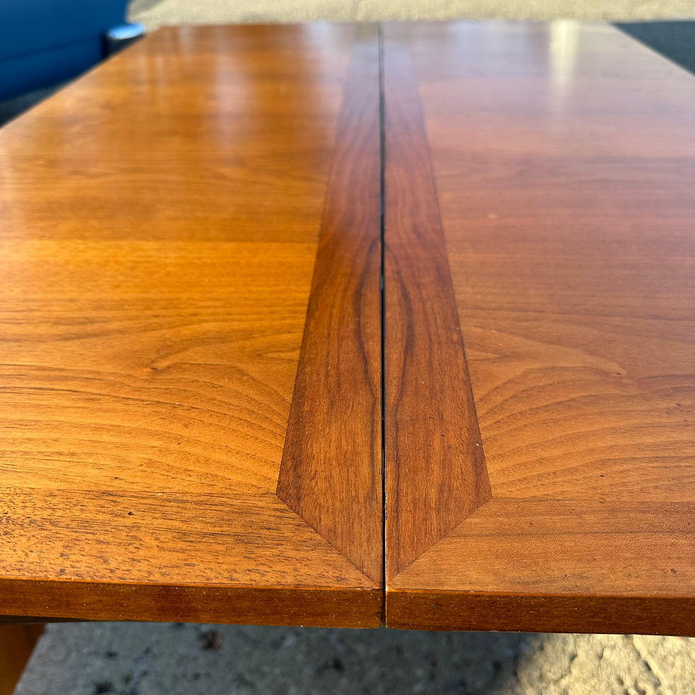 Thumbnail: Lane "Rythm" Walnut drop leafs Dining table, 3 leaves and 4 chairs.