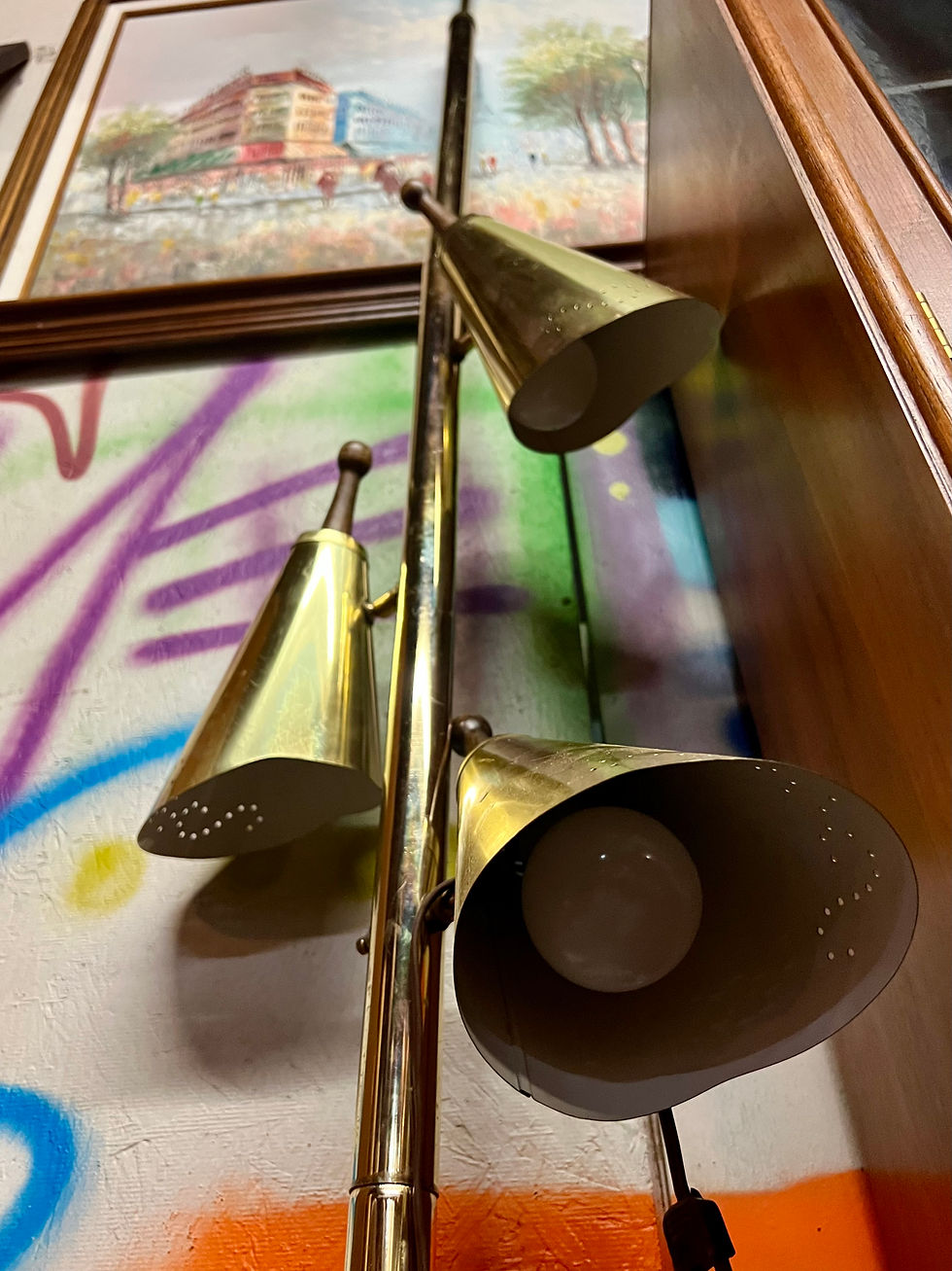 Thumbnail: Vintage Metal shade with cutout design Tension Pole Lamp.